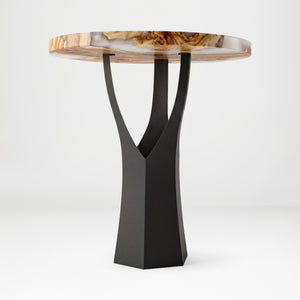 Black Metal Counter Base 608 Namu 36" H – Scandinavian-inspired pedestal base featuring a unique tree-stump silhouette handcrafted from heavy-duty powder-coated steel in matte black. This artisanal metal counter-height base features a hollow design for gravel-filling to maximize stability and an ultra-sturdy foundation (1,000 lbs capacity; 13.8"L x 12.3"W). A premium DIY steel counter base engineered with a precision-drilled triangular mounting plate (15.4" sides) to securely support a heavy live-edge table
