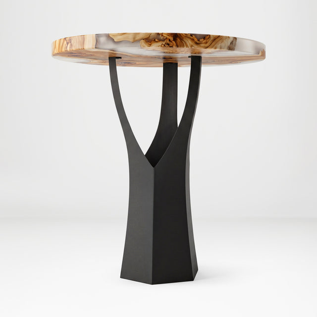 Black Metal Counter Base 608 Namu 36" H – Scandinavian-inspired pedestal base featuring a unique tree-stump silhouette handcrafted from heavy-duty powder-coated steel in matte black. This artisanal metal counter-height base features a hollow design for gravel-filling to maximize stability and an ultra-sturdy foundation (1,000 lbs capacity; 13.8"L x 12.3"W). A premium DIY steel counter base engineered with a precision-drilled triangular mounting plate (15.4" sides) to securely support a heavy live-edge table