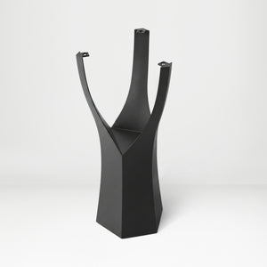 Black Metal Counter Base 608 Namu 36" H – Scandinavian-inspired pedestal base featuring a unique tree-stump silhouette handcrafted from heavy-duty powder-coated steel in matte black. This artisanal metal counter-height base features a hollow design for gravel-filling to maximize stability and an ultra-sturdy foundation (1,000 lbs capacity; 13.8"L x 12.3"W). A premium DIY steel counter base engineered with a precision-drilled triangular mounting plate (15.4" sides) to securely support a heavy live-edge table