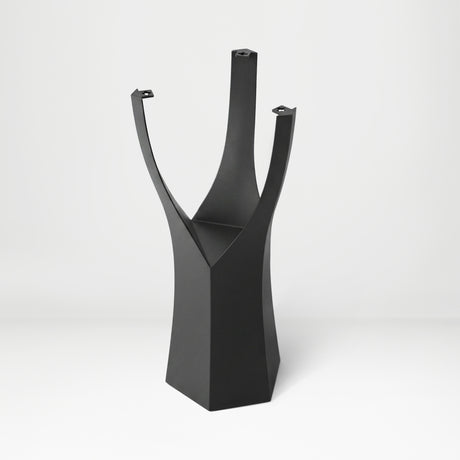Black Metal Counter Base 608 Namu 36" H – Scandinavian-inspired pedestal base featuring a unique tree-stump silhouette handcrafted from heavy-duty powder-coated steel in matte black. This artisanal metal counter-height base features a hollow design for gravel-filling to maximize stability and an ultra-sturdy foundation (1,000 lbs capacity; 13.8"L x 12.3"W). A premium DIY steel counter base engineered with a precision-drilled triangular mounting plate (15.4" sides) to securely support a heavy live-edge table