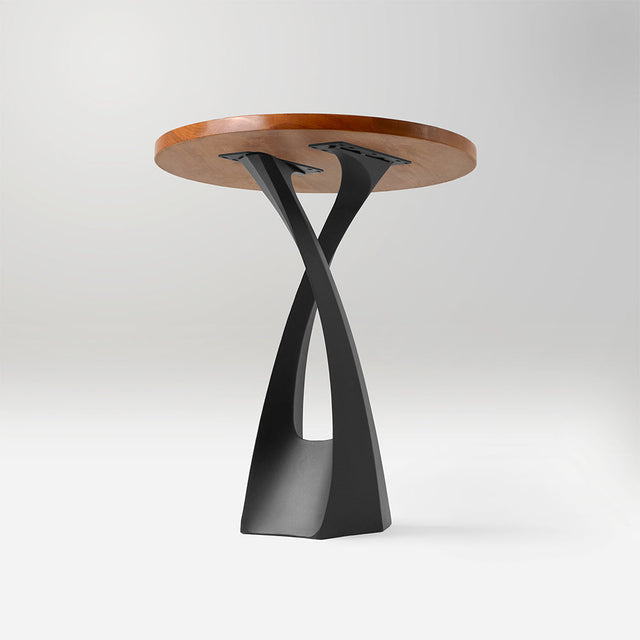 Angled view of 614 Tulipe 34" H counter table legs metal base with round wood top, elegant curved metal leg for counter table.