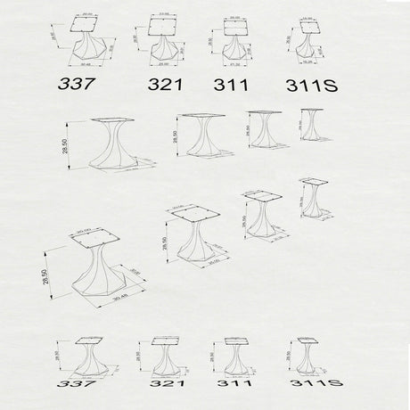technical drawings of various table designs with dimensions
