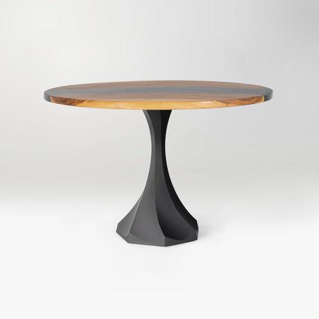 round table with wooden top and black pedestal base