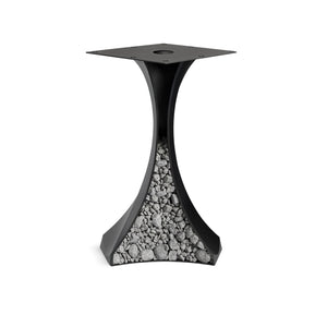 round table with wooden top and black pedestal base