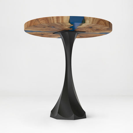 round table with wooden top and black pedestal base