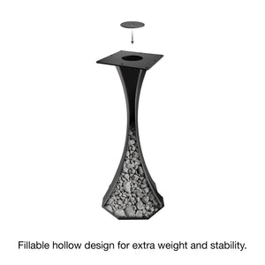 Black Metal Counter Table Base 624 & 625 Lithe 36" H – Minimalist pedestal counter-height table base featuring a sculptural, flowing silhouette handcrafted from heavy-duty powder-coated steel in matte black. These architectural metal counter-height bases provide an ultra-sturdy foundation (1,000 lbs capacity) available in 14.2"W (Model 624) or 21.3"W (Model 625) footprints. A premium DIY steel counter base engineered with a precision-drilled mounting plate to securely support a heavy live-edge tabletop, mar