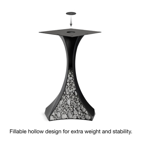 Black Metal Counter Table Base 624 & 625 Lithe 36" H – Minimalist pedestal counter-height table base featuring a sculptural, flowing silhouette handcrafted from heavy-duty powder-coated steel in matte black. These architectural metal counter-height bases provide an ultra-sturdy foundation (1,000 lbs capacity) available in 14.2"W (Model 624) or 21.3"W (Model 625) footprints. A premium DIY steel counter base engineered with a precision-drilled mounting plate to securely support a heavy live-edge tabletop, mar