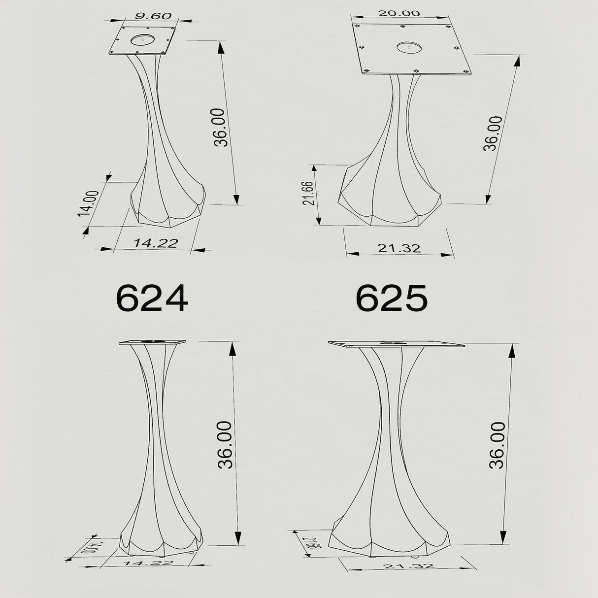 Alt Text:

Black Metal Counter Table Base 624 & 625 Lithe 36" H – Minimalist pedestal counter-height table base featuring a sculptural, flowing silhouette handcrafted from heavy-duty powder-coated steel in matte black. These architectural metal counter-height bases provide an ultra-sturdy foundation (1,000 lbs capacity) available in 14.2"W (Model 624) or 21.3"W (Model 625) footprints. A premium DIY steel counter base engineered with precision-drilled mounting plates (9.6" square for Model 624; 20" square fo