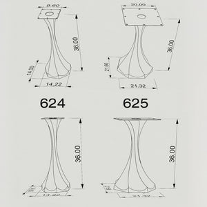 Alt Text:

Black Metal Counter Table Base 624 & 625 Lithe 36" H – Minimalist pedestal counter-height table base featuring a sculptural, flowing silhouette handcrafted from heavy-duty powder-coated steel in matte black. These architectural metal counter-height bases provide an ultra-sturdy foundation (1,000 lbs capacity) available in 14.2"W (Model 624) or 21.3"W (Model 625) footprints. A premium DIY steel counter base engineered with precision-drilled mounting plates (9.6" square for Model 624; 20" square fo