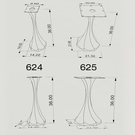 Alt Text:

Black Metal Counter Table Base 624 & 625 Lithe 36" H – Minimalist pedestal counter-height table base featuring a sculptural, flowing silhouette handcrafted from heavy-duty powder-coated steel in matte black. These architectural metal counter-height bases provide an ultra-sturdy foundation (1,000 lbs capacity) available in 14.2"W (Model 624) or 21.3"W (Model 625) footprints. A premium DIY steel counter base engineered with precision-drilled mounting plates (9.6" square for Model 624; 20" square fo