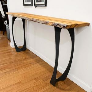 Black Metal Counter Base 603 Cleo 34.3" H – Scandinavian minimalist counter base set (2 pieces) handcrafted from heavy-duty powder-coated steel in matte black. These sculptural metal counter-height bases provide an ultra-sturdy foundation (1,000 lbs capacity; 9"L x 2.7"W). A premium DIY steel counter base engineered with a precision-drilled 11" x 4.3" mounting plate to securely support a heavy live-edge tabletop, marble slab, or wood counter top.