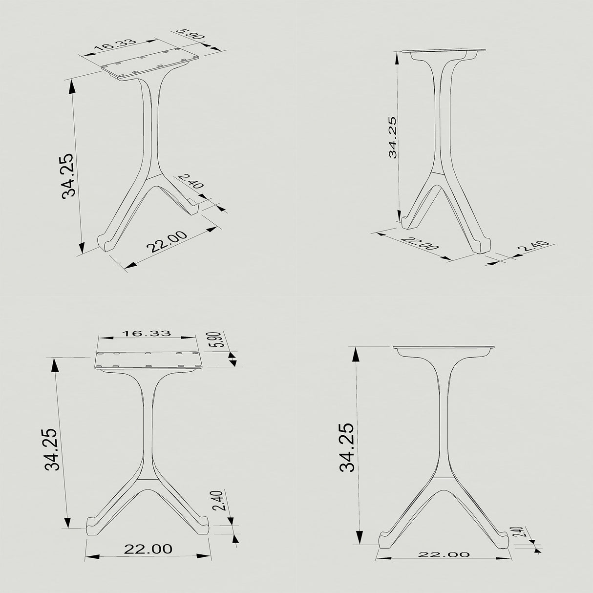 Black Metal Counter Table Base 612 Wishbone 34" H – Mid-Century modern counter height table base set (2 pieces) featuring a classic, iconic "wishbone" silhouette handcrafted from heavy-duty powder-coated steel in matte black. These architectural metal counter-height bases provide an ultra-sturdy foundation (1,000 lbs capacity; 22"L x 2.5"W). A premium DIY steel counter base engineered with a precision-drilled 16.5" x 4.3" mounting plate to securely support a heavy live-edge tabletop, marble slab, or wood co
