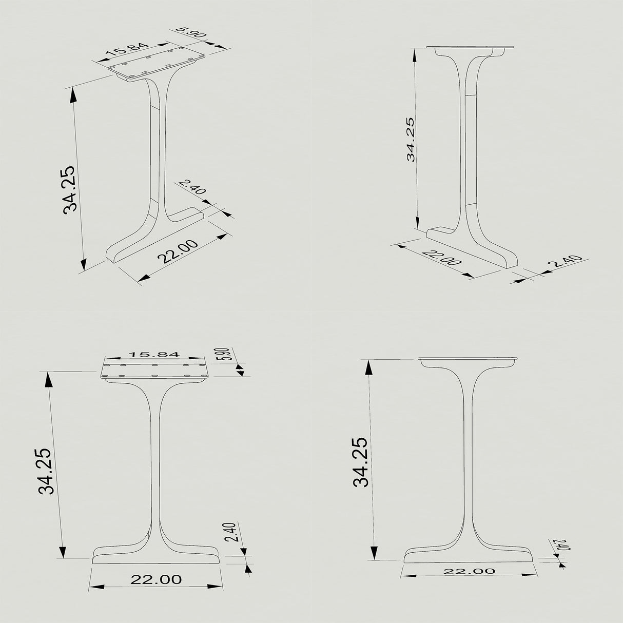 Black Metal Counter Base 613 Wineglass 34" H – Mid-Century modern counter base set (2 pieces) handcrafted from heavy-duty powder-coated steel in matte black. These sculptural metal counter-height bases provide an ultra-sturdy foundation (1,000 lbs capacity; 22"L x 3"W). A premium DIY steel counter base engineered with a precision-drilled 15.8" x 4.3" mounting plate to securely support a heavy live-edge tabletop, marble slab, or wood counter top.