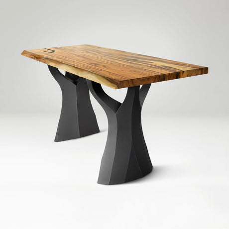 wooden table with black curved legs
