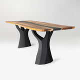 counter table with wooden top and black metal legs