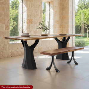 modern dining table with wooden top and black curved legs