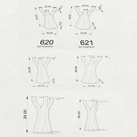 3D drawings of counter table legs 621 Ramo with measurements