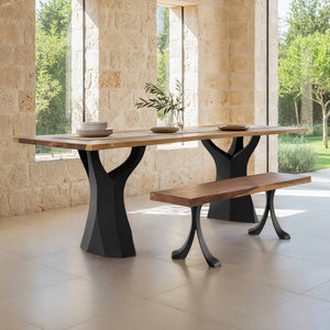 modern dining table with wooden top and black curved legs Metal Bench Legs 