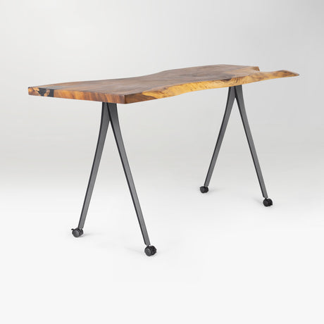 wooden table with black metal legs