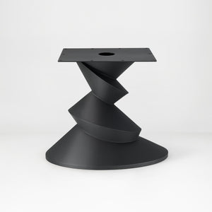 Metal Table Base 340 | 340S Horix 28.5" H – dynamic forward-leaning pedestal base in matte black powder-coated steel. This heavy-duty sculptural metal base provides an oval sturdy foundation (1,000 lbs capacity) in two sizes: Model 340 (16"x16") and Model 340S (34"x18"). A premium DIY steel table base engineered for a heavy live-edge tabletop, marble slab, or wood top.