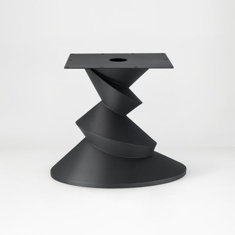 Metal Table Base 340 | 340S Horix 28.5" H – dynamic forward-leaning pedestal base in matte black powder-coated steel. This heavy-duty sculptural metal base provides an oval sturdy foundation (1,000 lbs capacity) in two sizes: Model 340 (16"x16") and Model 340S (34"x18"). A premium DIY steel table base engineered for a heavy live-edge tabletop, marble slab, or wood top.