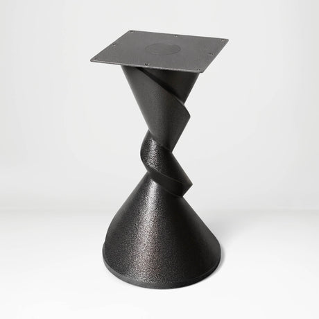 Metal Table Base 340 | 340S Horix 28.5" H – dynamic forward-leaning pedestal base in matte black powder-coated steel. This heavy-duty sculptural metal base provides an oval sturdy foundation (1,000 lbs capacity) in two sizes: Model 340 (16"x16") and Model 340S (34"x18"). A premium DIY steel table base engineered for a heavy live-edge tabletop, marble slab, or wood top.
