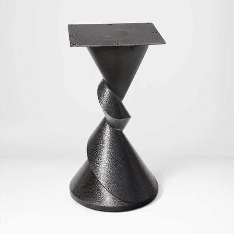Metal Table Base 340 | 340S Horix 28.5" H – dynamic forward-leaning pedestal base in matte black powder-coated steel. This heavy-duty sculptural metal base provides an oval sturdy foundation (1,000 lbs capacity) in two sizes: Model 340 (16"x16") and Model 340S (34"x18"). A premium DIY steel table base engineered for a heavy live-edge tabletop, marble slab, or wood top.