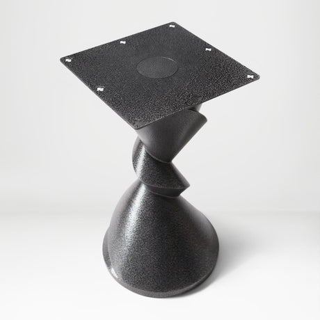 Metal Table Base 340 | 340S Horix 28.5" H – dynamic forward-leaning pedestal base in matte black powder-coated steel. This heavy-duty sculptural metal base provides an oval sturdy foundation (1,000 lbs capacity) in two sizes: Model 340 (16"x16") and Model 340S (34"x18"). A premium DIY steel table base engineered for a heavy live-edge tabletop, marble slab, or wood top.
