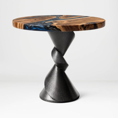 Metal Table Base 340 | 340S Horix 28.5" H – dynamic forward-leaning pedestal base in matte black powder-coated steel. This heavy-duty sculptural metal base provides an oval sturdy foundation (1,000 lbs capacity) in two sizes: Model 340 (16"x16") and Model 340S (34"x18"). A premium DIY steel table base engineered for a heavy live-edge tabletop, marble slab, or wood top.