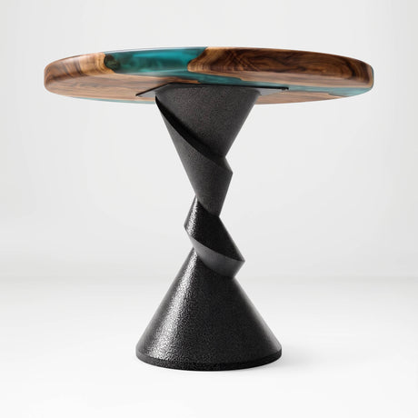 Metal Table Base 340 | 340S Horix 28.5" H – dynamic forward-leaning pedestal base in matte black powder-coated steel. This heavy-duty sculptural metal base provides an oval sturdy foundation (1,000 lbs capacity) in two sizes: Model 340 (16"x16") and Model 340S (34"x18"). A premium DIY steel table base engineered for a heavy live-edge tabletop, marble slab, or wood top.