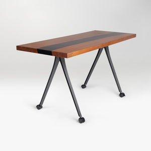 wooden table with black metal legs