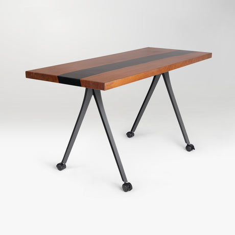 wooden table with black metal legs
