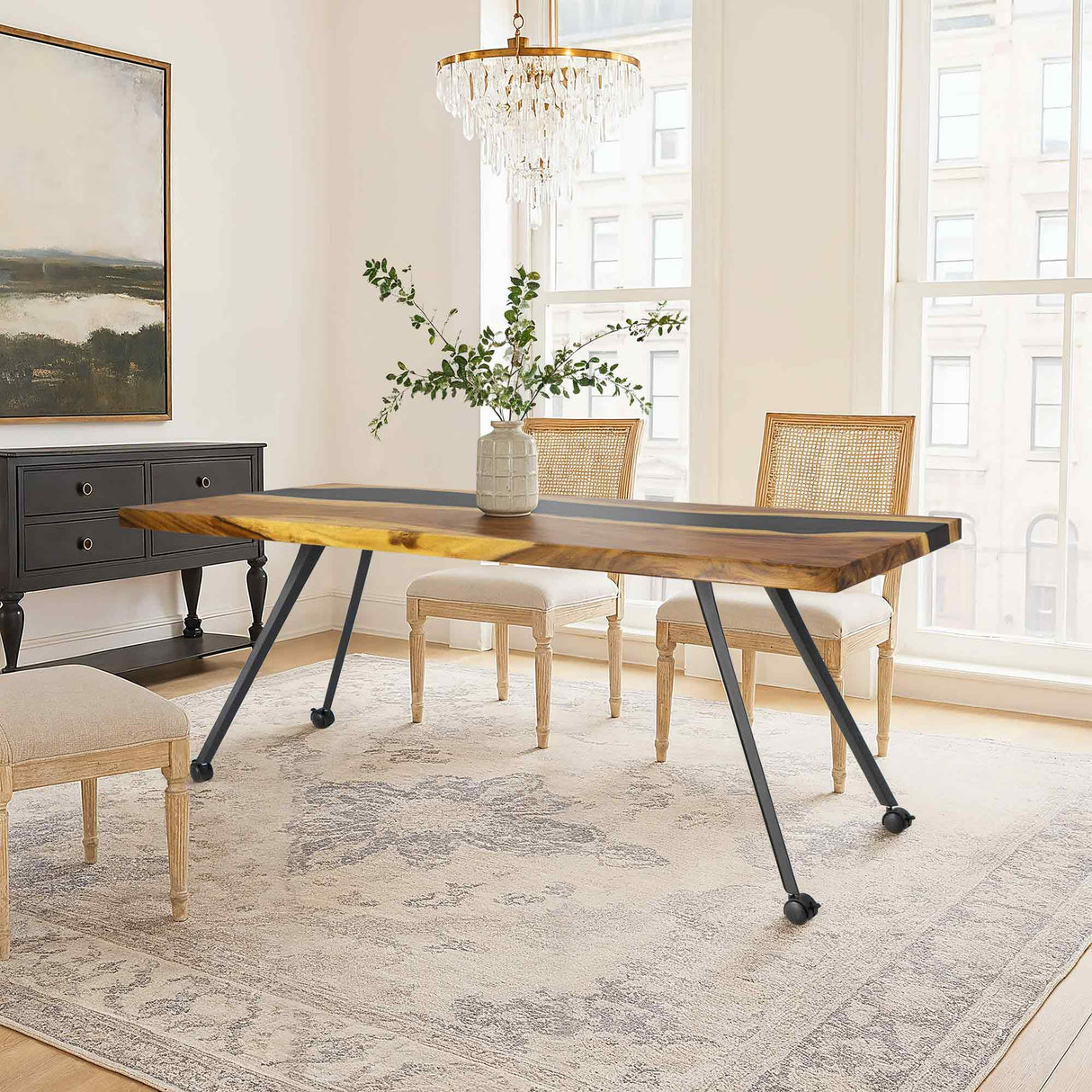 wooden table with black metal legs