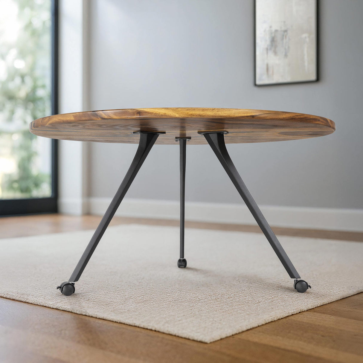 wooden table with black metal legs