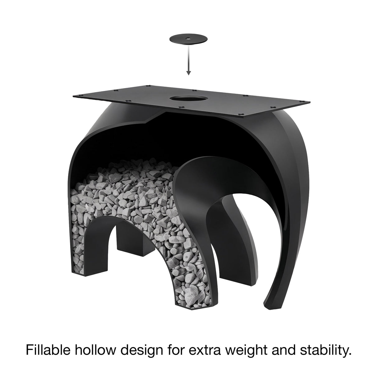 Black Metal End Table Base 802S Elephas 20" H – Industrial-minimalist sculptural pedestal end table base featuring a iconic, biomorphic "elephant" silhouette handcrafted from heavy-duty powder-coated steel in matte black. This artisanal end table base provides an ultra-sturdy foundation (1,000 lbs capacity; 28.5"L x 12"W). A premium DIY steel side table base engineered with a precision-drilled 23.6" x 15.7" mounting plate to securely support a heavy live-edge tabletop, marble slab, or wood side table top.