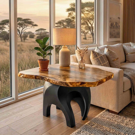 Metal End Table Base 802S Elephas 20" H – sculptural elephant-inspired pedestal base handcrafted from powder-coated steel. This sturdy metal base provides a solid foundation for custom side tables, nightstands, and entryway accent tables. A perfect DIY furniture base, metal coffee table base, and pedestal table base for minimalist or farmhouse interiors, designed as a heavy-duty steel table base for stone, glass, or wood tops.