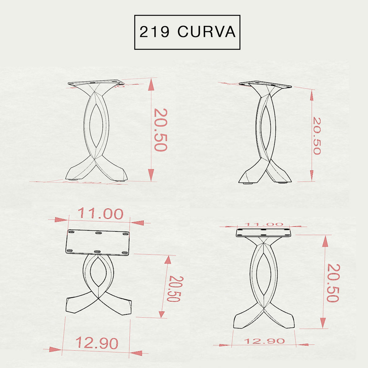 Wooden end table top supported by sculptural 219 Curva 20" H cruved design metal legs for end table.