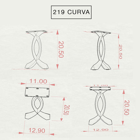 Wooden end table top supported by sculptural 219 Curva 20" H cruved design metal legs for end table.