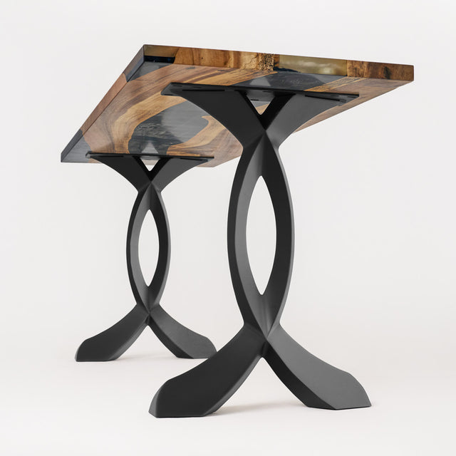 Rectangle wood table top supported by 423 Curva 28" H sculptural cruved design metal legs for table.