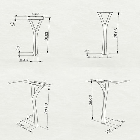Black Metal Desk Base 506 Faras 28" H – Industrial-modern desk base set (4 pieces) featuring a sleek, minimalist profile handcrafted from heavy-duty powder-coated steel in matte black. These architectural metal desk bases provide an ultra-sturdy foundation (1,000 lbs capacity; 2.9"L x 2"W). A premium DIY steel desk base engineered with a precision-drilled 9.8" x 4.3" mounting plate to securely support a heavy live-edge tabletop, marble slab, or wood desk top.