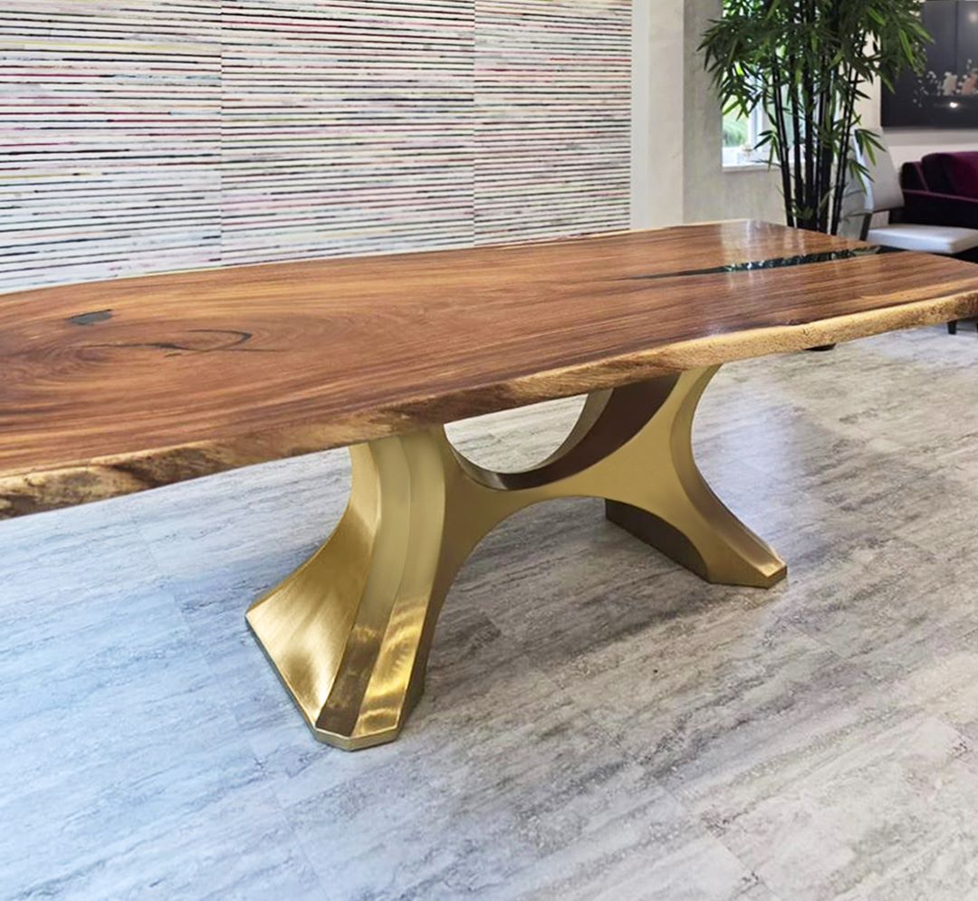 Luxury Gold Table Base 28" H for Live Edge Slabs | Industrial Steel Base 310 Hoshi by Flowyline Design