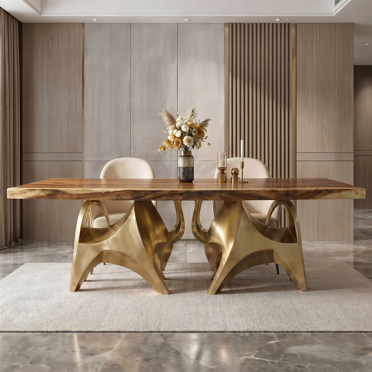 Gold Table Base 803 Bullos 28.5" H – luxury bull-inspired pedestal base handcrafted from stainless steel with a brushed gold finish. This sculptural metal base features powerful muscular curves and a wide sturdy foundation (1,000 lbs capacity), ideal for large custom dining tables or executive boardrooms. A premium DIY furniture base and heavy-duty steel table base designed for marble, glass, or wood tops in high-end modern interiors.
