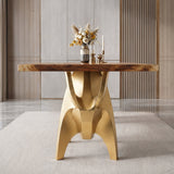 Gold Table Base 803 Bullos 28.5" H – luxury bull-inspired pedestal base handcrafted from stainless steel with a brushed gold finish. This sculptural metal base features powerful muscular curves and a wide sturdy foundation (1,000 lbs capacity), ideal for large custom dining tables or executive boardrooms. A premium DIY furniture base and heavy-duty steel table base designed for marble, glass, or wood tops in high-end modern interiors.
