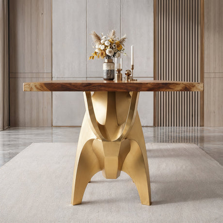 Gold Table Base 803 Bullos 28.5" H – luxury bull-inspired pedestal base handcrafted from stainless steel with a brushed gold finish. This sculptural metal base features powerful muscular curves and a wide sturdy foundation (1,000 lbs capacity), ideal for large custom dining tables or executive boardrooms. A premium DIY furniture base and heavy-duty steel table base designed for marble, glass, or wood tops in high-end modern interiors.
