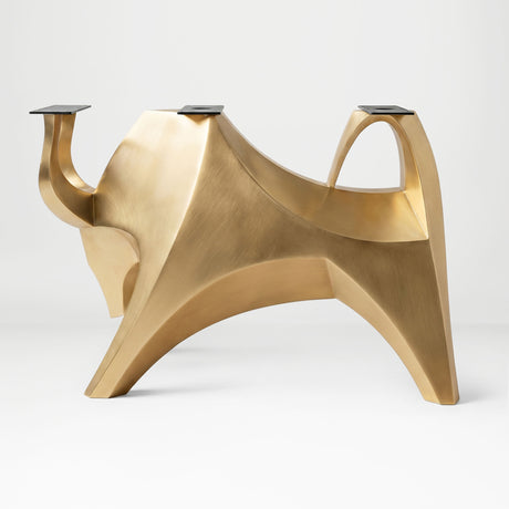 Gold Table Base 803 Bullos 28.5" H – luxury bull-inspired pedestal base handcrafted from stainless steel with a brushed gold finish. This sculptural metal base features powerful muscular curves and a wide sturdy foundation (1,000 lbs capacity), ideal for large custom dining tables or executive boardrooms. A premium DIY furniture base and heavy-duty steel table base designed for marble, glass, or wood tops in high-end modern interiors.