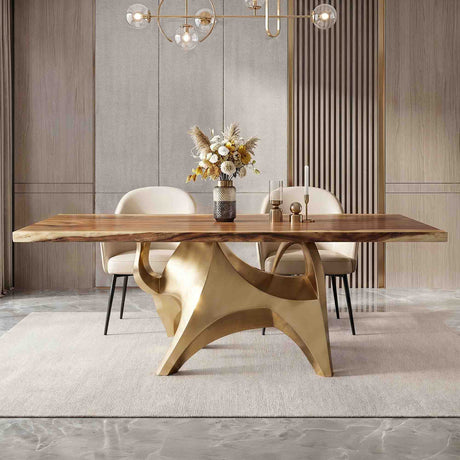 Gold Table Base 803 Bullos 28.5" H – luxury bull-inspired pedestal base handcrafted from stainless steel with a brushed gold finish. This sculptural metal base features powerful muscular curves and a wide sturdy foundation (1,000 lbs capacity), ideal for large custom dining tables or executive boardrooms. A premium DIY furniture base and heavy-duty steel table base designed for marble, glass, or wood tops in high-end modern interiors.