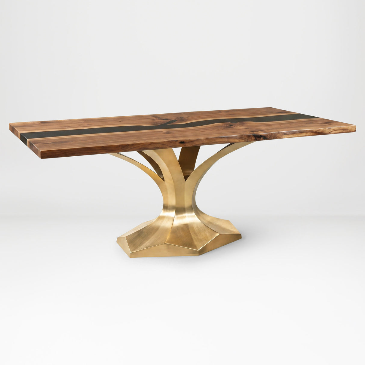 Gold Table Base 304 Dentro 28.5" H – luxury pedestal base handcrafted from stainless steel with a premium brushed gold finish. This heavy-duty metal base features sleek Mid-Century Modern lines and a sturdy foundation (1,000 lbs capacity), specifically engineered to support a heavy live-edge tabletop, thick marble slab, or glass top. A sophisticated DIY steel table base and modern furniture foundation that ensures steady support for upscale dining rooms and executive office desks.