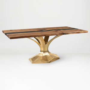 Gold Table Base 304 Dentro 28.5" H – luxury pedestal base handcrafted from stainless steel with a premium brushed gold finish. This heavy-duty metal base features sleek Mid-Century Modern lines and a sturdy foundation (1,000 lbs capacity), specifically engineered to support a heavy live-edge tabletop, thick marble slab, or glass top. A sophisticated DIY steel table base and modern furniture foundation that ensures steady support for upscale dining rooms and executive office desks.