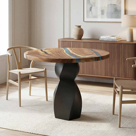 Metal Table Base 338 Eve 28.5" H – graceful and soft pedestal base handcrafted from heavy-duty powder-coated steel in matte black. This sculptural metal base features a compact, flowing curve design and a sturdy foundation (1,000 lbs capacity), specifically engineered to support a heavy live-edge tabletop, round wood top, or marble slab. A premium DIY steel table base and modern furniture foundation that brings a clean look and steady support to custom dining tables and cozy breakfast nooks.