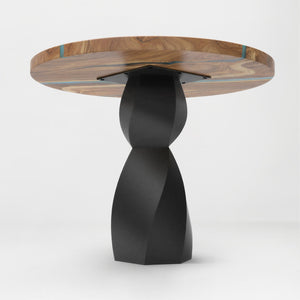 Metal Table Base 338 Eve 28.5" H – graceful and soft pedestal base handcrafted from heavy-duty powder-coated steel in matte black. This sculptural metal base features a compact, flowing curve design and a sturdy foundation (1,000 lbs capacity), specifically engineered to support a heavy live-edge tabletop, round wood top, or marble slab. A premium DIY steel table base and modern furniture foundation that brings a clean look and steady support to custom dining tables and cozy breakfast nooks.